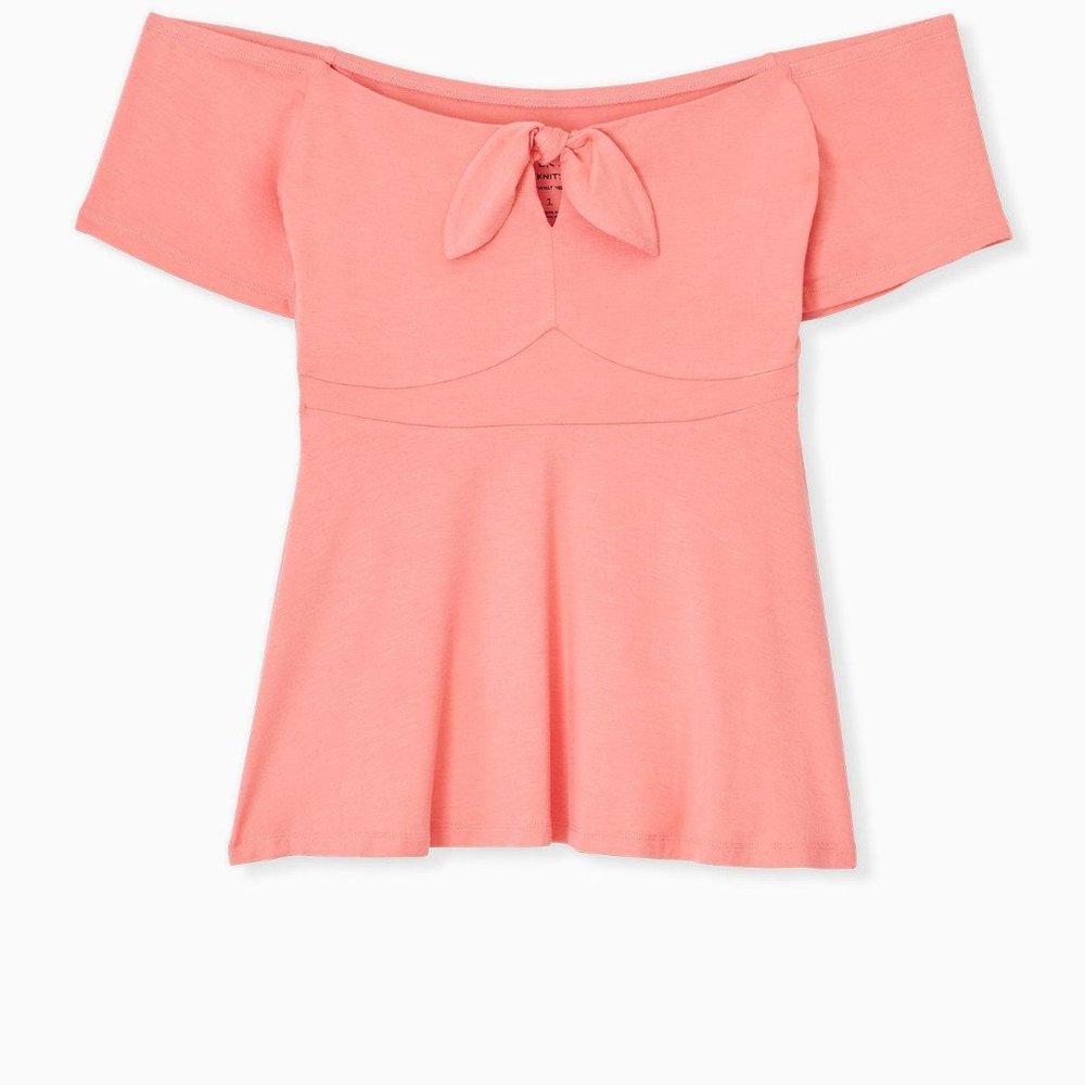 Torrid Babydoll Super Soft Tie-Front Off-Shoulder Top coral 2 2X 18 20